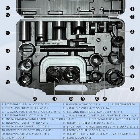 طقم ضغط مفصل كروي رئيسي مكون من 23 قطعة، أداة إزالة وصلات كروية شديدة التحمل على شكل حرف U، أدوات إزالة وتثبيت، مصممة لمعظم المركبات ذات الدفع الثنائي والرباعي الدفع in Kuwait