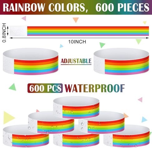 600Pcs Party Wristbands for Events Rainbow Wristbands Waterproof Pride Paper Wristbands Colored Paper Bracelets Event Wrist Bands Identification Arm Bands for Birthday Party, 10x0.8'' (Rainbow) in Saudi Arabia