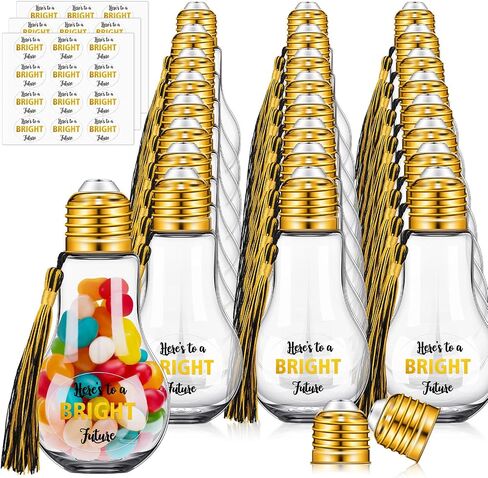 Tioncy 108 Pcs/36 Sets 2025 Graduation Party Favor for Guest Plastic Light Bulb Jars Set Graduation Candy Jar Money Holder Bulk with Stickers Tassels Crafts Grad Bulb Container(Gold) in Saudi Arabia