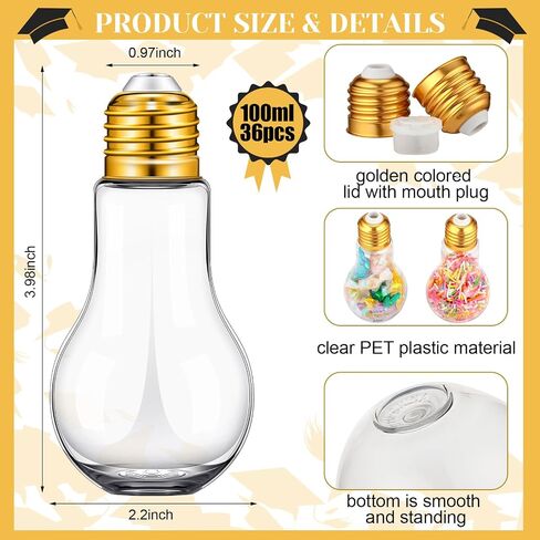 Tioncy 108 Pcs/36 Sets 2025 Graduation Party Favor for Guest Plastic Light Bulb Jars Set Graduation Candy Jar Money Holder Bulk with Stickers Tassels Crafts Grad Bulb Container(Gold) in Saudi Arabia
