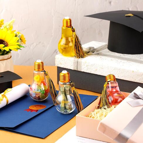 Tioncy 108 Pcs/36 Sets 2025 Graduation Party Favor for Guest Plastic Light Bulb Jars Set Graduation Candy Jar Money Holder Bulk with Stickers Tassels Crafts Grad Bulb Container(Gold) in Saudi Arabia