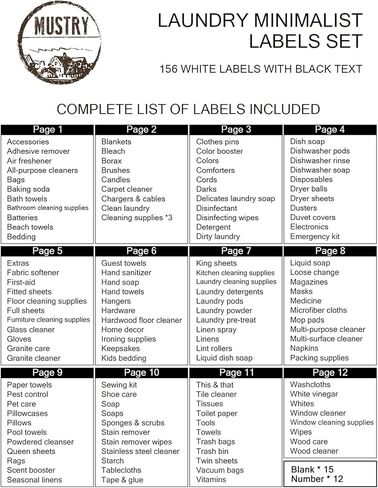 Mustry 156 ملصق غسيل بسيط لتنظيم المنزل، ملصقات ذاتية اللصق سهلة التقشير وإعادة الوضع، ملصقات بيضاء غير لامعة مقاومة للماء تتضمن ورقة مرجعية للفهرسة السريعة in Kuwait