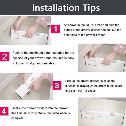 حزمة فواصل أدراج مكونة من 4 قطع، ملابس تنظيم أدراج بلاستيكية قابلة للتعديل والتوسيع، محملة بنابض، تعمل في منظم أدوات المطبخ، فواصل أدراج خزانة الملابس، ارتفاع 4 بوصات، 11-17.5 بوصة، أبيض in Kuwait