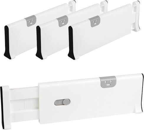 حزمة فواصل أدراج مكونة من 4 قطع، ملابس تنظيم أدراج بلاستيكية قابلة للتعديل والتوسيع، محملة بنابض، تعمل في منظم أدوات المطبخ، فواصل أدراج خزانة الملابس، ارتفاع 4 بوصات، 11-17.5 بوصة، أبيض in Kuwait