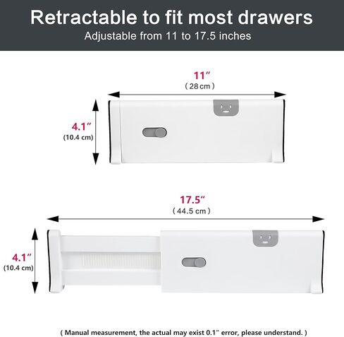 حزمة فواصل أدراج مكونة من 4 قطع، ملابس تنظيم أدراج بلاستيكية قابلة للتعديل والتوسيع، محملة بنابض، تعمل في منظم أدوات المطبخ، فواصل أدراج خزانة الملابس، ارتفاع 4 بوصات، 11-17.5 بوصة، أبيض in Kuwait