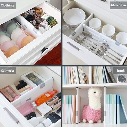 حزمة فواصل أدراج مكونة من 4 قطع، ملابس تنظيم أدراج بلاستيكية قابلة للتعديل والتوسيع، محملة بنابض، تعمل في منظم أدوات المطبخ، فواصل أدراج خزانة الملابس، ارتفاع 4 بوصات، 11-17.5 بوصة، أبيض in Kuwait