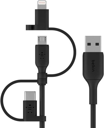 كابل Belkin 3 في 1 Universal USB-A - كابل USB-C، كابل Lightning، Micro-USB - شاحن شحن معزز لسلك الشحن مصمم لأجهزة Apple iPhone وiPad وGalaxy والكمبيوتر اللوحي والهواتف الذكية - أسود 3.3 قدم in Kuwait
