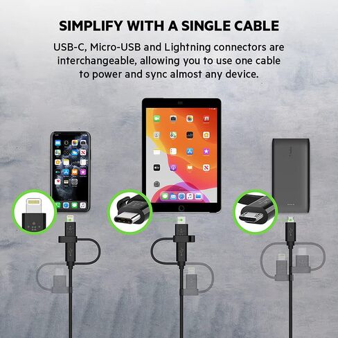 كابل Belkin 3 في 1 Universal USB-A - كابل USB-C، كابل Lightning، Micro-USB - شاحن شحن معزز لسلك الشحن مصمم لأجهزة Apple iPhone وiPad وGalaxy والكمبيوتر اللوحي والهواتف الذكية - أسود 3.3 قدم in Kuwait
