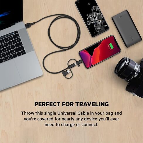 كابل Belkin 3 في 1 Universal USB-A - كابل USB-C، كابل Lightning، Micro-USB - شاحن شحن معزز لسلك الشحن مصمم لأجهزة Apple iPhone وiPad وGalaxy والكمبيوتر اللوحي والهواتف الذكية - أسود 3.3 قدم in Kuwait