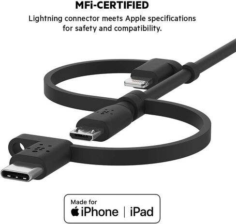 كابل Belkin 3 في 1 Universal USB-A - كابل USB-C، كابل Lightning، Micro-USB - شاحن شحن معزز لسلك الشحن مصمم لأجهزة Apple iPhone وiPad وGalaxy والكمبيوتر اللوحي والهواتف الذكية - أسود 3.3 قدم in Kuwait