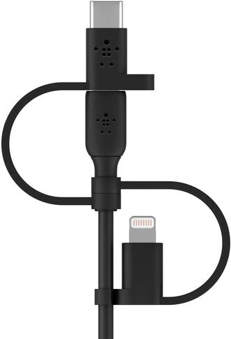 كابل Belkin 3 في 1 Universal USB-A - كابل USB-C، كابل Lightning، Micro-USB - شاحن شحن معزز لسلك الشحن مصمم لأجهزة Apple iPhone وiPad وGalaxy والكمبيوتر اللوحي والهواتف الذكية - أسود 3.3 قدم in Kuwait