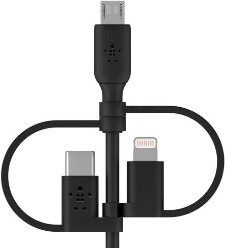 كابل Belkin 3 في 1 Universal USB-A - كابل USB-C، كابل Lightning، Micro-USB - شاحن شحن معزز لسلك الشحن مصمم لأجهزة Apple iPhone وiPad وGalaxy والكمبيوتر اللوحي والهواتف الذكية - أسود 3.3 قدم in Kuwait