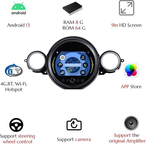 ستيريو راديو Android 13 لسيارة Mini Coupe Countryman Clubman وHatch، Qualcomm 668SOS، دعم CarPlay اللاسلكي، 4G، التحكم في المقبض (9 بوصات فتحات متوازية للقرص المضغوط الأسود) in Kuwait