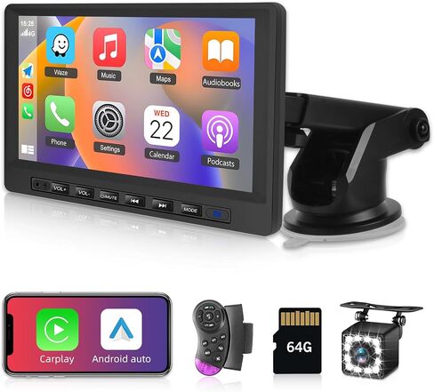 Portable Apple Carplay and Android Auto Dash Mount - Car Play Screen for Car 7 inch - Bluetooth Music/FM Transmitter/EQ Setting/Mirror Link/SWC + 12leds Camera & 64G TF Card in Saudi Arabia