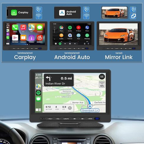 Portable Apple Carplay and Android Auto Dash Mount - Car Play Screen for Car 7 inch - Bluetooth Music/FM Transmitter/EQ Setting/Mirror Link/SWC + 12leds Camera & 64G TF Card in Saudi Arabia