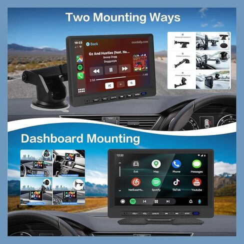 Portable Apple Carplay and Android Auto Dash Mount - Car Play Screen for Car 7 inch - Bluetooth Music/FM Transmitter/EQ Setting/Mirror Link/SWC + 12leds Camera & 64G TF Card in Saudi Arabia