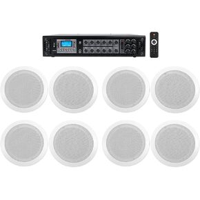 Rockville 6-Zone 70v Amplifier+8 6.5" 2-Way White Ceiling Speakers 4 Restaurant