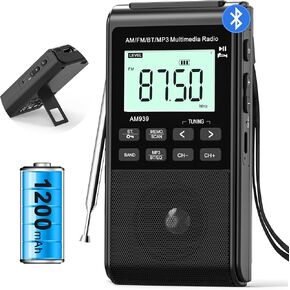 Bluetooth AM FM Radio with 1200mAh Rechargeable Battery Portable Transistor Pocket Radio with Best Reception,5W Big Speaker,LCD Screen,Earphone Jack,Support SD Card and USB MP3 Player for Jogging