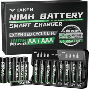 Taken Rechargeable AAA Batteries with Charger, 8-Pack 1200mWh High Capacity Triple A Battery Made Using 25% Recycled Materials with 8 Bay Smart Battery Charger for Fast Charging of AA & AAA Batteries