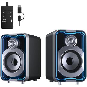 SOULION 2.0 Computer Speakers, 10W USB-Powered Bluetooth Wired PC Speakers with Easy-Control Pod for Desktop, Tiny Desk Soundbar with 5 Mirror-Like LED Light Modes for Monitor Laptop - Black