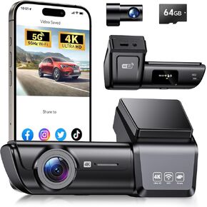 F8 Car Camera Dash Cam Front and Rear, 4K+1080P 170° Wide Angle Dual Dash Camera for Cars with 64GB Card,Wireless 5G WiFi&App Control,WDR/HDR Night Vision, 24H Parking Mode,Loop Recording