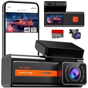 Dash Cam الأمامي والخلفي ، 4K+1080p كاميرا اندفاعة مزدوجة للسيارات ، 1.5 بوصة mini dashcam مع التطبيق ، و 170 درجة الكاميرا للزاوية الزاوية ، الرؤية الليلية ، وضع وقوف السيارات 24 ساعة ، بطاقة 32 جيجابايت ، g-sens ، دعم 256 جيجابايت كحد أقصى كحد أقصى