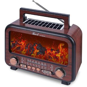 Retro Portable Radio AM FM SW Shortwave Radio with Bluetooth Speaker,Flame Atmosphere Lamp Battery Operated,SUB Charging, TF Card (Wood Tone)