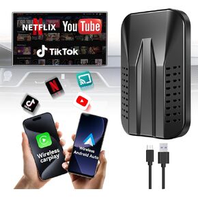 4-in-1 Wireless CarPlay & Android Auto Adapter, Compatible with Netfl!x/YouTube/TIK Tok/Screen Mirror Link/TF Card,Carplay Ai Box,Plug & Play, Suitable for Cars Equipped with OEM Wired CarPlay