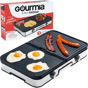 Gourmia 3-in-1 Indoor Grill/Griddle Electric Combo - 250-400°F Adjustable Dual Cooking Zones with Removable Nonstick Reversible Ceramic Plates - Non Toxic Dishwasher Safe Countertop Kitchen Appliances