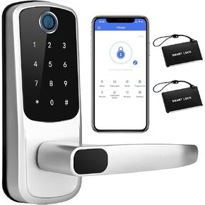 Keyless-Entry Fingerprint Smart Door Lock: LORVIBO Digital Electronic Lock with Code Passcode, Electric Door Knob, Biometric Door Handle, Perfect for Exterior/Interior/Entry/Bedroom Doors (Silver)
