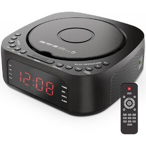 CD Player Clock مع جهاز التحكم عن بُعد: CD/MP3 ، Bluetooth ، راديو FM مع مكبرات صوت ، شاحن USB وشاشة قابلة للذات لإنذار غرفة النوم مع صوت اختياري مناسب للنوم الثقيل/الخفيف