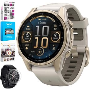 Garmin 010-02903-10 Fenix 8 43 mm, AMOLED, Sapphire, Soft Gold with Fog Gray Sandstone Silicone Band Bundle with Tech Smart USA Fitness & Wellness Suite + Round Tempered Glass Screen Protector