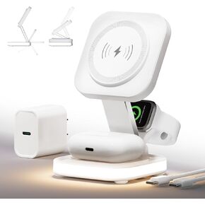 5-in-1 Magnetic Wireless Charging Stand for Apple Mag-Safe Charger with Night Light for iPhone 16/15/14/13/12, Watch, AirPods, Travel Magnetic Charger Nightstand Charging Station (Adapter Included)