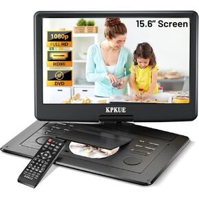 Portable DVD Player with 15.6-inch 1080P FHD Screen, Large Swivel Monitor, Built-in 4 Hour Rechargeable Battery, Dual-Speaker, Support Multi-Disc, HDMI, Type-C, USB, SD Card Ports for Home, Trip