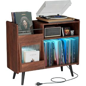 Large Record Player Stand with Sliding Door,350 Vinyl Record Storage Cabinet, Record Player Table with Power Outlet and LED Light,Turntable Stand with Wood Legs for Living Room,Office