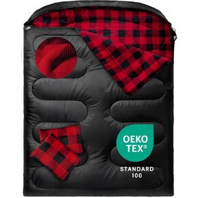 MEREZA Flannel Double Sleeping Bag for Adults Cold Weather, XL Queen Size Sleeping Bag for All Season 2 Person Big and Tall Sleeping Bags for Camping 0 Degree with Pillow