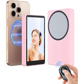 Phone Vlog Selfie Monitor Screen, Magnetic Selfie front Screen for iPhone/Android with Remote Control, Wireless Connection Rear Camera for Selfie Vlog Live Stream, Pink