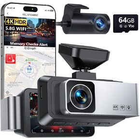 Dash Cam Front and Rear, 4K Full HD Dual Dash Camera for Cars, Built-in Memory Card Monitoring, 64GB Card, 5G WiFi GPS, Car Camera with 3" IPS Screen, 2160P Night Vision, Parking Monitor
