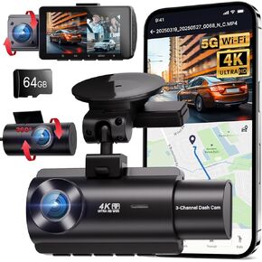 4K 5G WIFI 3 قناة DASH CAM الأمامية والخلفية من الداخل ، 4K+1080P+1080P DASH CAMERA للسيارات ، GPS DASHCAM ، كاميرا سيارة مع شاشة 3 بوصات ، الرؤية الليلية الأشعة تحت الحمراء ، وضع وقوف السيارات على مدار 24 ساعة ، G-SENSOR ، بطاقة 64 جيجابايت