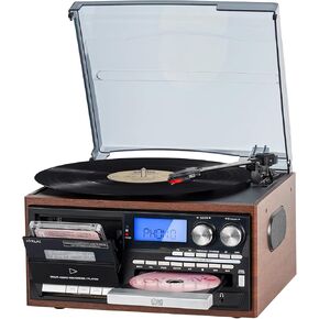 9-in-1 Record Player Bluetooth Turntable with Premium Built-in Speakers, AM/FM Radio, CD & Cassette Player, USB/SD Playback, Remote Control, Aux & RCA Inputs, Headphone Jack