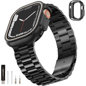 SUNFWR Compatible with Apple Watch Band 45mm 44mm 42mm for Men Women, Stainless Steel Metal iWatch Band with Case for Apple Watch Series 9/8/7/6/5/4/3/2/1/SE/SE2(Black, 42mm 44mm 45mm)