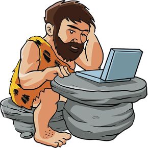 Caveman on Laptop Oxymoron Cartoon Vinyl Decal Sticker (12" Wide)