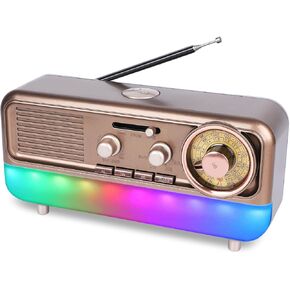 Retro Portable Radio AM FM SW Shortwave Radio with Colorful Ambient Light,Battery Operated,SUB Charging, TF Card(Dull Gold)