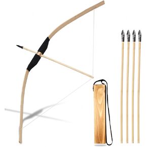 Wooden Bow and Arrow Set for Kids, Handmade Archery Toy with 5 Safe Arrows & Quiver, Outdoor Indoor Role Play Props Games for Boys Girls Ages 4-18, Educational Birthday Gifts for Youth