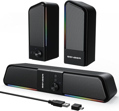 SENZER CS20 2 in 1 Bluetooth Computer Speakers for Desktop, USB Plug & Play Clear Sound PC Speakers with RGB Light, Monitor Sound Bar with Volume Knob, Gaming Speaker for PC Laptop Phone Tablet in Saudi Arabia