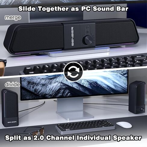 SENZER CS20 2 in 1 Bluetooth Computer Speakers for Desktop, USB Plug & Play Clear Sound PC Speakers with RGB Light, Monitor Sound Bar with Volume Knob, Gaming Speaker for PC Laptop Phone Tablet in Saudi Arabia