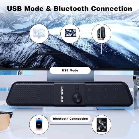 SENZER CS20 2 in 1 Bluetooth Computer Speakers for Desktop, USB Plug & Play Clear Sound PC Speakers with RGB Light, Monitor Sound Bar with Volume Knob, Gaming Speaker for PC Laptop Phone Tablet in Saudi Arabia