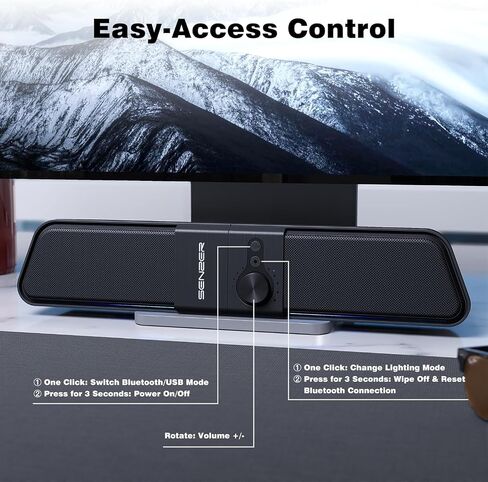 SENZER CS20 2 in 1 Bluetooth Computer Speakers for Desktop, USB Plug & Play Clear Sound PC Speakers with RGB Light, Monitor Sound Bar with Volume Knob, Gaming Speaker for PC Laptop Phone Tablet in Saudi Arabia