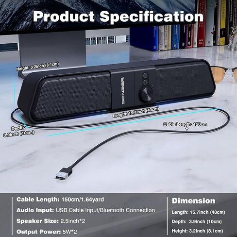 SENZER CS20 2 in 1 Bluetooth Computer Speakers for Desktop, USB Plug & Play Clear Sound PC Speakers with RGB Light, Monitor Sound Bar with Volume Knob, Gaming Speaker for PC Laptop Phone Tablet in Saudi Arabia