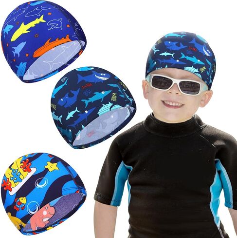 Kids Swim Caps 3 Pieces Shark Dolphin Bathing Swimming Hats Unisex Polyester Bathing Cap Shower Pool Cap Summer Swimming Caps for Boys Girls Long Short Hair in Saudi Arabia